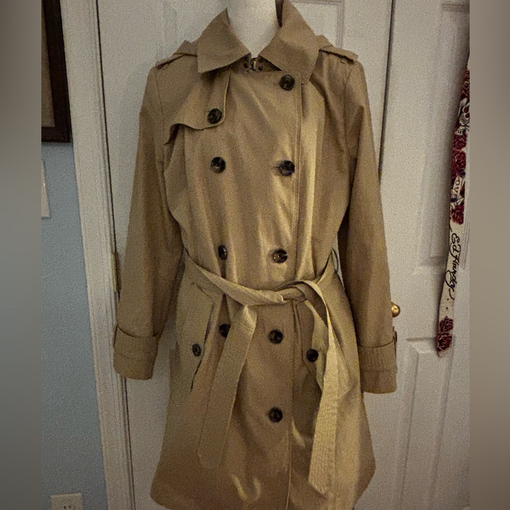 London Fog Beige Double-Breasted Trench Coat with detachable hood